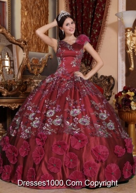 Ball Gown V-neck Beading and Appliques for Burgundy Sweet 16 Dresses