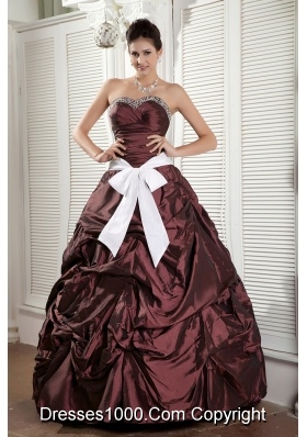 Burgundy Princess Sweetheart Beaded Quinceanea Dress with White Sash