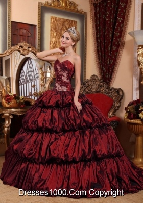 Burgundy Sweetheart Chapel Train Quinceanera Dresses with Appliques and Pick-ups