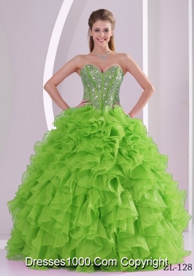 2014 New Style Puffty Sweetheart Beaded Ruffles Spring Quinceanera Gowns