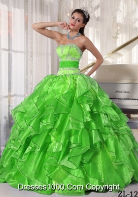 Pretty Sweetheart Puffy Appliques Spring Green Quinceanera Gowns with Ruffles