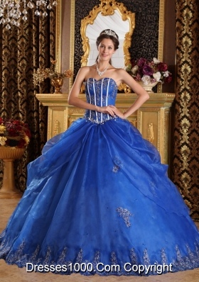 2014 Pretty Blue Puffy Sweetheart with Lace Appliques for 2014 Quinceanera Dress