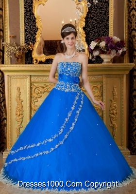 Blue Puffy Strapless Lace Appliques Quinceanera Dress for 2014