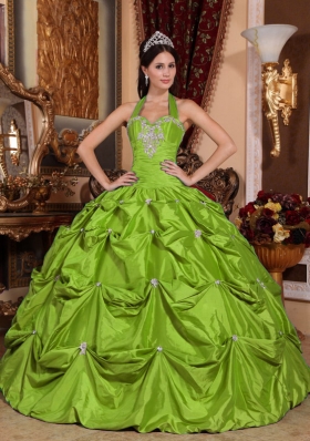 2014 Elegant Halter Top Appliques Long Quinceanera Dresses