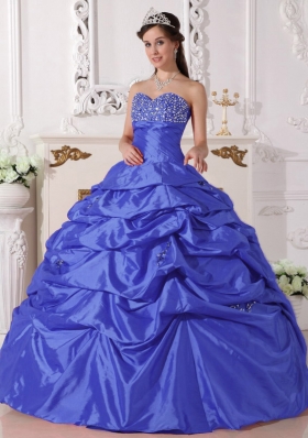 2014 Beautiful Blue Puffy Sweetheart Beading Quinceanera Dress with Pick-ups