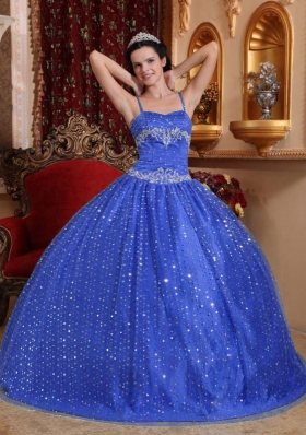 2014 Puffy Spaghetti Straps with Sequined Quinceanera Dresses
