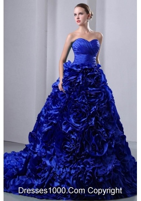 2014 Royal Blue Princess Ruching and Hand Made Flowers Quinceanea Dress