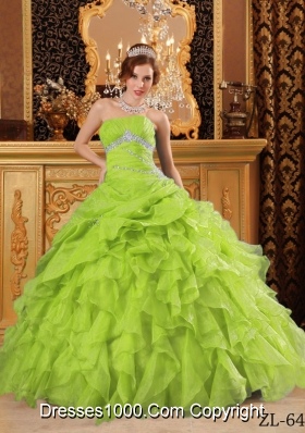 Lime Green Princess Organza Sweet 15 Dresses with Beading and Ruffles