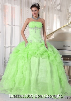 Lime Green Strapless Organza Sweet 15 Dresses with Beading and Pick-ups