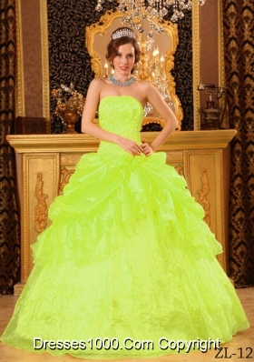 Princess Strapless Organza Appliques and Pick-ups for Lime Green Quinceanera Dress