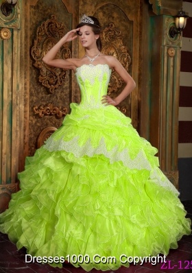 Princess Strapless Ruffles and Appliques for Organza Lime Green Quinceanera Dresses
