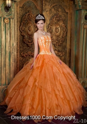 Gorgeous Organza Strapless Appliques Orange Dress For Quinceanera