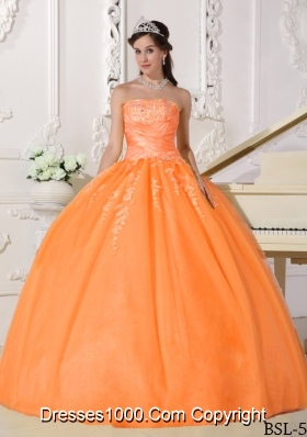 New Style Orange Puffy Strapless Sweet 16 Dresses with Appliques