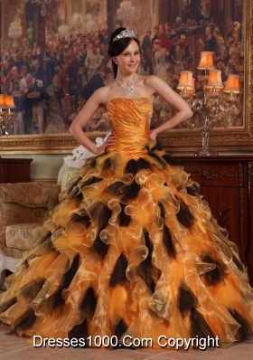 Orange and Black Strapless Organza Quinceanera Dress with Beading and Ruffles