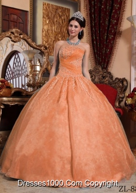 Orange Puffy Strapless Organza Appliques Quinceaneras Dresses