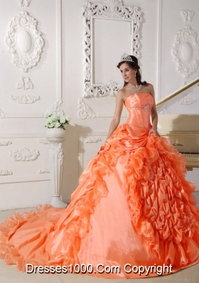 Orange Red Strapless Chapel Train Quinceanera Gowns with Beading