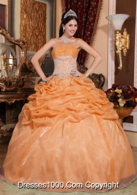 Orange Strapless Organza Quinceanera Dress with Appliques and Pick-ups