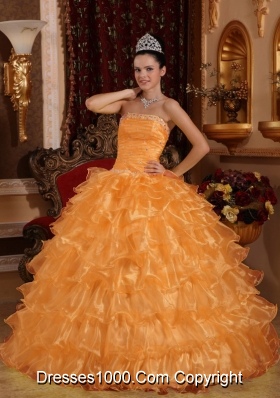 Orange Strapless Organza Sweet Sixteen Dresses with Beading and Layers