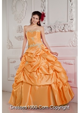 Orange Strapless Taffeta Appliques and Beading Dresses For a Quince