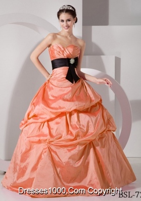 Orange Sweetheart Princess Discount Quinceanea Dresses with Black Sash