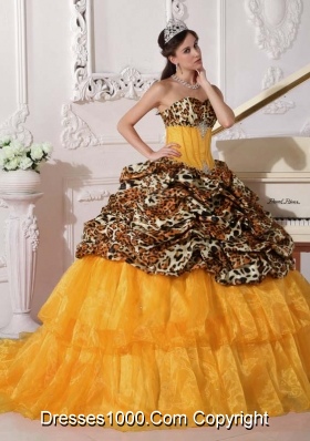 Orange Sweetheart Sweep Train Leopard Quinceneara Dresses with Pick-ups