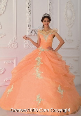 Orange V-neck Quinceanera Gowns with Beading and Appliques