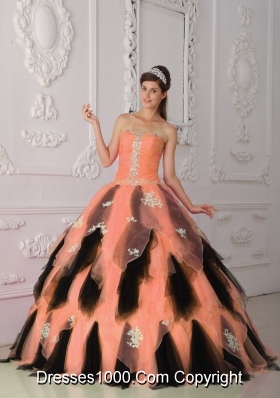 Organza Princess Strapless Orange and Black Quinceanera Dresses with Appliques