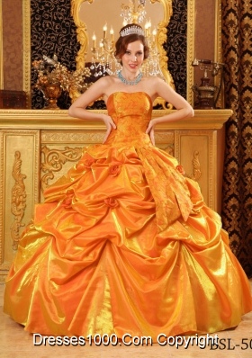 Popular Taffeta Hand Made Flowers and Pick-ups Orange Quinceneara Dresses