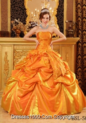 Popular Taffeta Hand Made Flowers and Pick-ups Orange Quinceneara Dresses