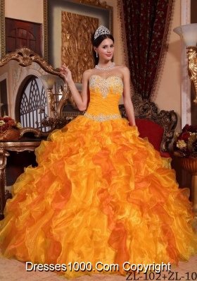 Ruffled Sweetheart Organza Appliques and Beading Quinceanera Dress in Orange