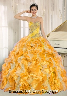 Custom Made For 2014 Yellow and Orange Quinceanera Dress with Beading and Ruffles