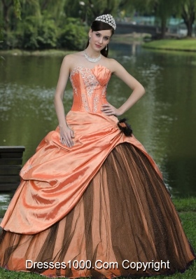 Orange and Black Appliques and Flowers Quinceanera Dresses Custom Made