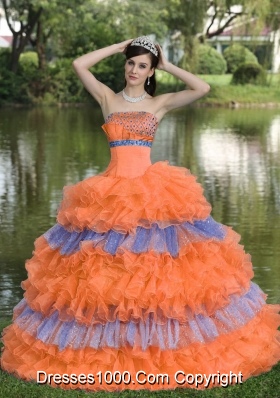 Beaded Decorate Bust Organza Strapless Tiered Quinceneara Dresses