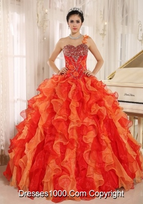 Custom Made Orange Red One Shoulder Quincenera Dresses with Ruffles and Beading