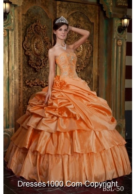 Orange Red Strapless Organza Beading and Flowers Dress For Quinceanera