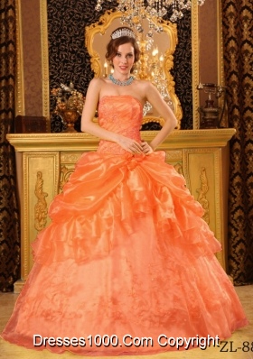 Organza Appliques Orange Red Quinceanera Dress with Pick-ups