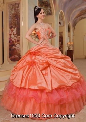 Puffy Appliqued One Shoulder Orange Red Sweet 16 Dresses