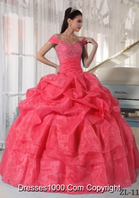 2014 Cute Watermelon Ball Gown Off The Shoulder Quinceanera Dress with Beading and Pick-ups