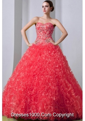 2014 New Style Watermelon Princess Sweetheart Brush Train Beading and Ruffles Quinceanea Dress