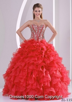 2014 Ruffles Puffy Sweetheart Beaded Decorate Quinceanera Dresses in Coral Red