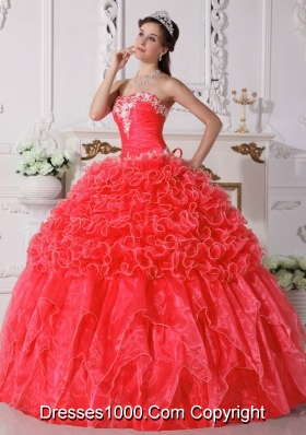 2014 Coral Red Puffy Strapless Embroidery Quinceanera Dress with Beading