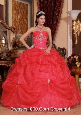 2014 Coral Red Puffy Sweetheart Beading Quinceanera Dress with Pick-ups