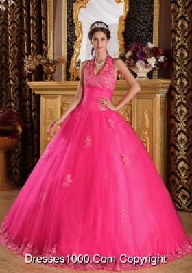 2014 Hot Pink Puffy Halter Appliques Tulle Quinceanera Dress with Beading