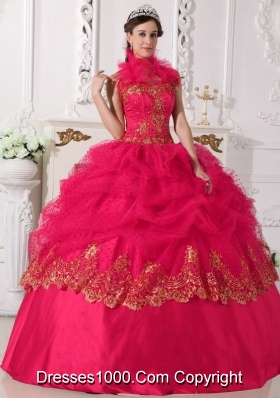2014 Popular Coral Red Puffy Halter Beading and Appliques Quinceanera Dress