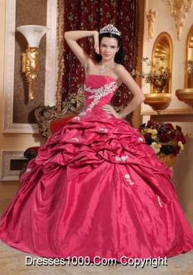 Lovely Coral Red Puffy Strapless for 2014 Appliques Quinceanera Dress with Pick-ups