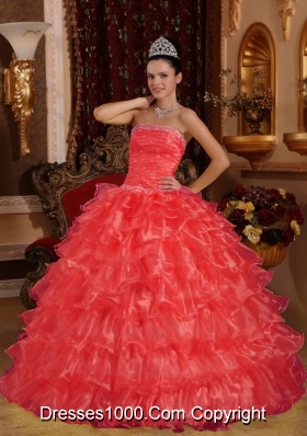 New Style Coral Red Puffy Strapless for 2014 Beading Quinceanera Dress with Ruffles