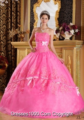 New Style Strapless Appliques Organza Rose Pink Quinceanera Gowns