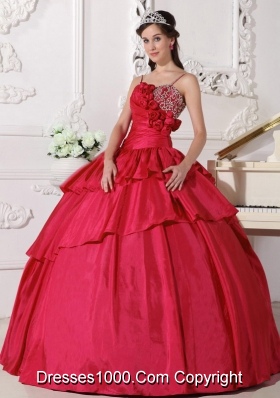 Petty Coral Red Puffy Straps Beading for 2014 Quinceanera Dress with Beading and Hand Made Flower