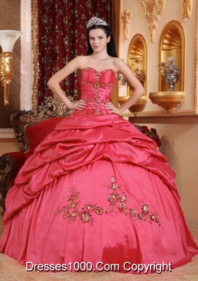 Popular Coral Red Puffy Sweetheart Appliques for 2014 Quinceanera Dress with Pick-ups
