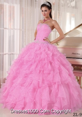 Rose Pink Strapless Organza Puffy Sweet Sixteen Dresses with Beading and Ruffles
